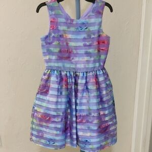 Lavender Floral Striped Girl's Dress - Organza Sleeveless Size 14